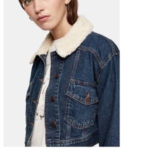 TopShop Crop DenimJacket Faux Shearling Collar NWT